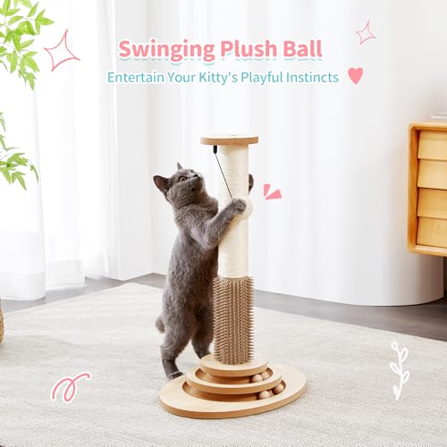 Made4Pets Cat Scratching Post, 23" Tall Sisal Cat Scratcher Post with Self Groomer, 4-in-1 Interactive Trackball Toys with Hair Brush, Vertical Cat
