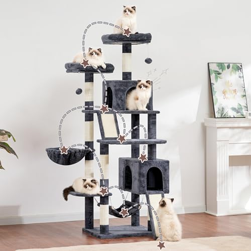 Gitelsnour Cat Tree for Indoor Cats, 71'' (180cm) Multi-Level Cat Tower for Large Adult, Sturdy Cat Tree House with 2 Scratching Boards 7 Posts, 2