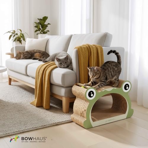 BOWHAUS Frog Style Cat Scratching Board, Cat Scratcher Lounger with Play Ball for Indoor Cat, Durable & Long-Lasting Scratching Board Cardboard