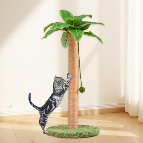 Meowoou Cat Scratching Post 33 Inch Tall Cat Scratcher for Indoor Cats Adults,Small Cat Tree Tower Sisal Rope Kitten Scratch with Interactive Hanging