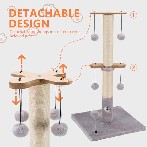 PAWSFANS Cat Scratching Post for Indoor Cats and Kittens,30inches Tall Sisal Scratch Posts with Four Hanging Ball Toys and Reinforce The Stable Base