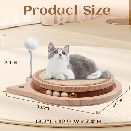 Natural Sisal Cat Scratcher, Round Cat Toys for Indoor Cats Interactive Toys with Ball Track Spring Ball, Kitten Toys for Chasing Hunting Mental