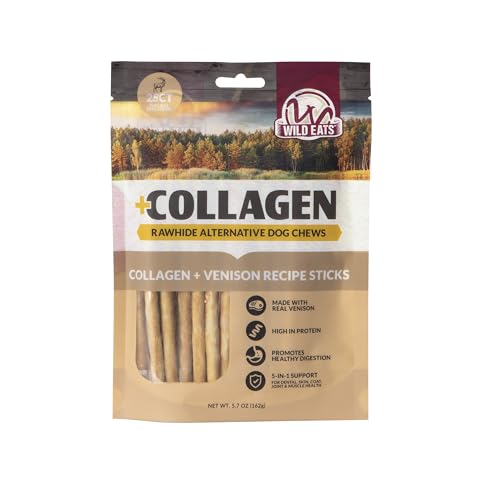 Wild Eats Venison Collagen Sticks for Dogs (25 Pack, 0.6 cm Wide) Long Lasting Dog Chews No Hide Dog Treat Bully Stick Alternative, Rawhide Free