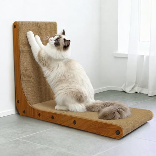 Cat Scratcher, 26 inch L Shape Cat Scratching Pad for Indoor Cats, Durable Sustainable Cardboard Scratcher with Box, Recyclable Vertical Cat Scratch