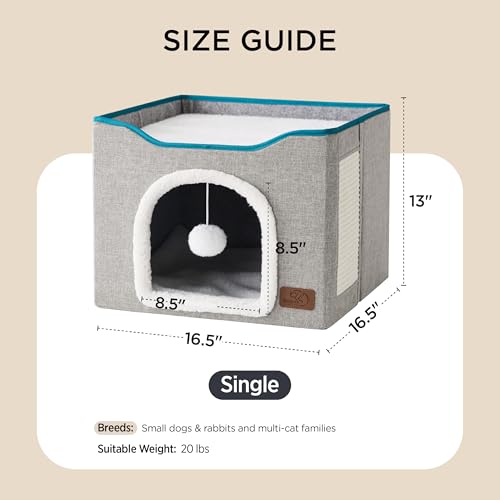 Bedsure Cat Beds for Indoor Cats - Large Cat Cave for Pet Cat House with Fluffy Ball Hanging and Scratch Pad, Foldable Cat Hideaway, 16.5x16.5x13
