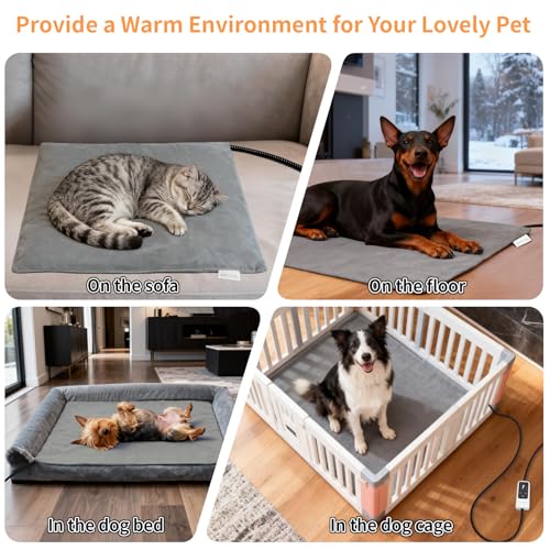 BECEMURU Pet Heating Pad for Dogs & Cats, 18x16 in, Waterproof Heated Bed with 6-Temp & Timer, Chew-Resistant Cord Electric Warm Bed for Senior Pets