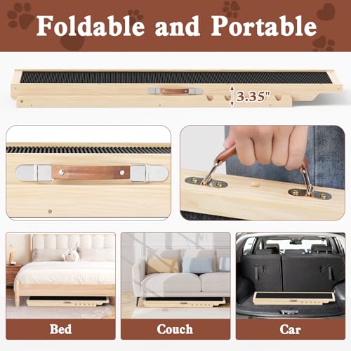 Dog Ramp for High Bed, Couch, Car, Pet Ramps 55.12" Long Adjustable 19.3"-27.17" Wooden Dog Step with Anti-slip Rubber Mat & Safety Side Rails for