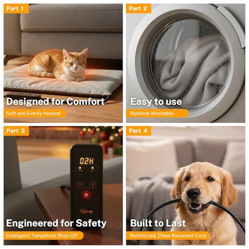 Toozey Small Pet Heating Pad, 6 Adjustable Temperature Dog Cat Heating Pad with Timer, Waterproof Heated Cat Bed with Chew Resistant Cord, Indoor