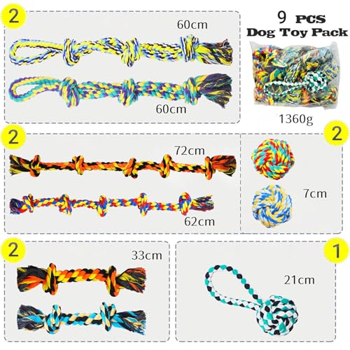 Speedy Panther 9 Pack Large Dog Rope Toys for Aggressive Chewers, 5 Knots Indestructible Chew Toy Kit for Medium Large Dogs, Puppy Teething Tug Toy