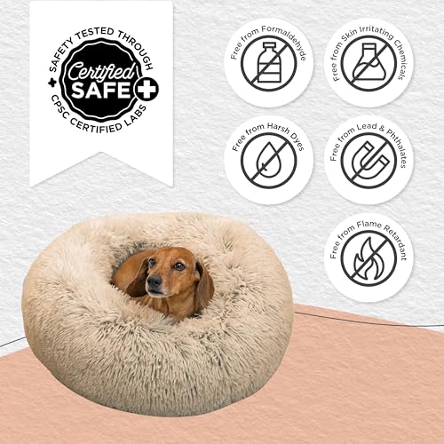 Best Friends by Sheri The Original Calming Donut Dog Bed – Washable Plush Pet Bed for Cats & Small Dogs up to 25 lbs, Shag Faux Fur, Taupe, Small