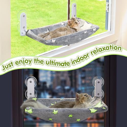 Cat Window Perch, Glow in The Dark Cordless Foldable Pet Hammock Bed for Window with Sturdy Metal Frame, Glowing Stars Pattern Resting Seat for