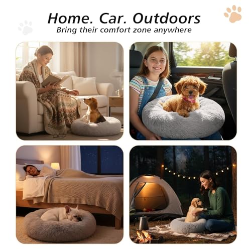 JOLLYVOGUE Small Dog & Cat Beds for Indoor Cats - 20 inches Calming Donut Dog Bed for Kittens & Puppies, Washable Round Fluffy Plush Faux Fur Pet