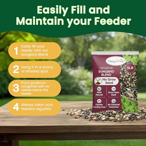 Happy Wings No Grow Bird Seed Mix 5lb - Songbird Bird Seed with Sunflower, Safflower & Peanuts - No Mess Birdseed for Outside Feeders - Suitable Birdseed for Wild Birds