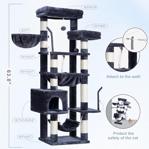 Gitelsnour Cat Tree, Cat Tower for Large Cats with 2 Big Platforms, 2 Baskets, condo and Toys, 63" Cat Scratching Posts for Indoor Cats, Smoky Gray