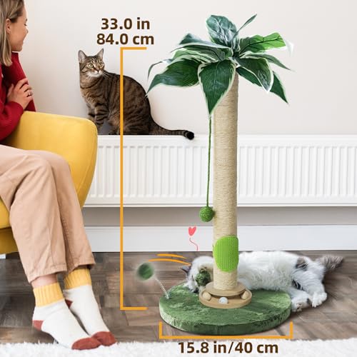 Fantasreen Cat Scratching Post 33'' Cat Scratcher Tall Scratching Posts for Indoor Cats with Cat Toy and Interactive Ball Self Groomer for Kittens