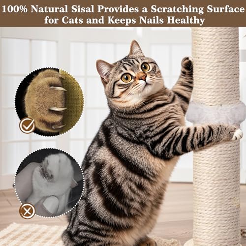 Cat Scratching Post, Sisal, Interactive Furniture Toys for Indoor Cats Adults, 2 Mounting Methods Scratcher Tree Tower with Hanging and Ball Track
