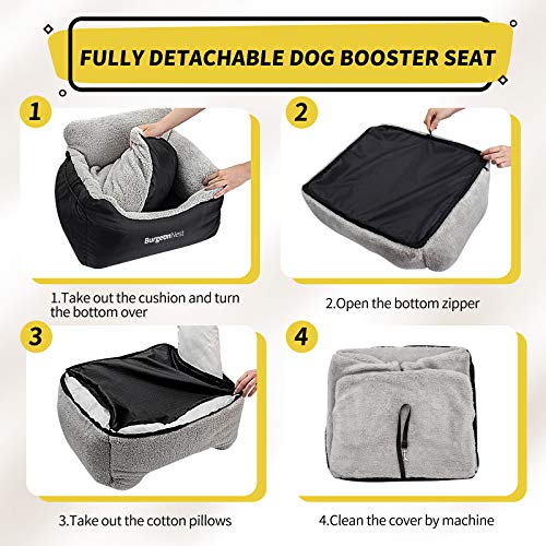 BurgeonNest Dog Car Seat for Small Dogs, Soft Pet Car Travel Home Bed Under 25 lbs, Fully Detachable and Washable Cat Booster Carseats with Storage
