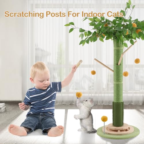 Cat Scratching Post for Indoor Cats Adults, 45 Inch Tall Cat Scratcher with Sisal Rope, Large Cats Scratching Posts with Hanging Ball for Kittens and