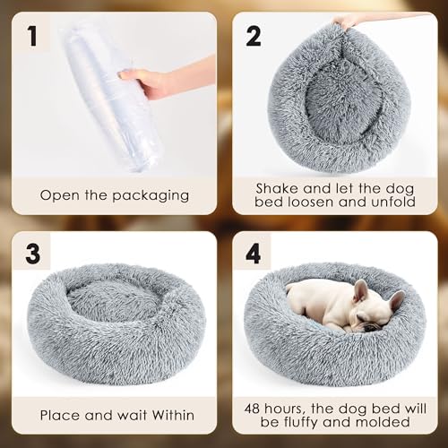 Hoewina Dog & Cat Bed for Indoor Cats, 20in Calming Donut Bed for Puppy and Kitten, Washable Round Fluffy Pet Bed for Small Medium Dogs and Cats