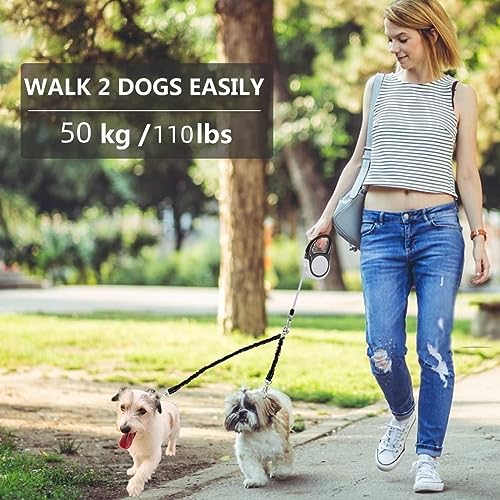 Dual Retractable Dog Leash for 2 Large Dogs (Up to 110 Lbs Each) - 18.5 FT Extendable Double Headed Pet Leash with Poop Bags, Non Slip Grip - One