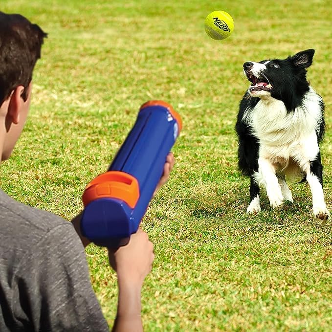 Nerf Dog Tennis Ball Blaster Dog Toy Gift Set, Tennis Ball Dog Fetch Toy Launches up to 50 ft, Dog Ball Thrower for All Breeds Includes Translucent