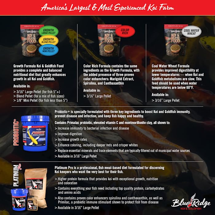 Blue Ridge Koi Fish Food 14lb - Koi Food 3/16” Large and Mini Blend Growth Formula, Goldfish Food, Premium Fish Food for Ponds, Ponds Fish Food