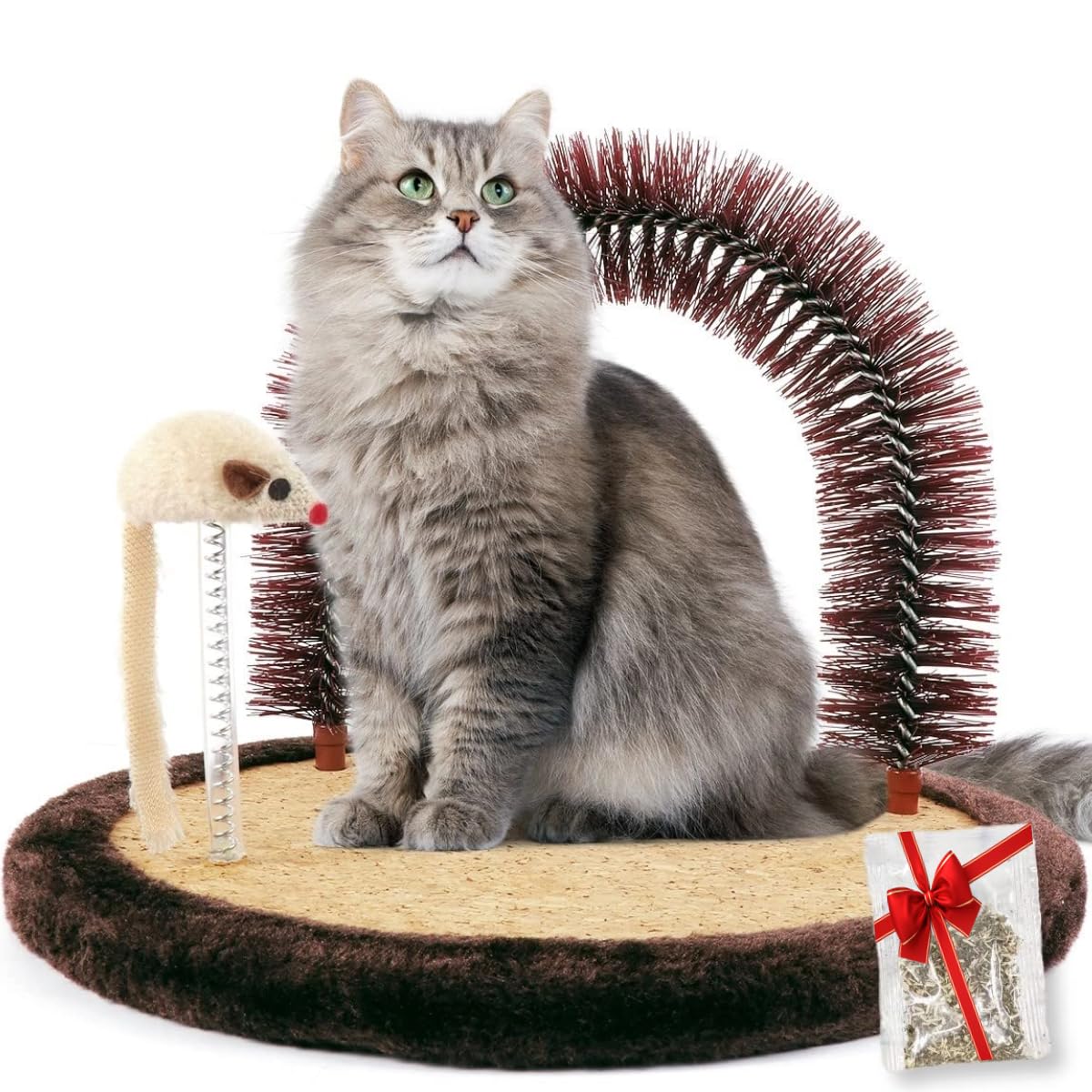Happi N Pets Large Cat Self Groomer, Arch Grooming Brush with Heavy Wooden Scratching Pad, Rubbing Post & Toy, Cat Face Scratchers Body Massager, Cat