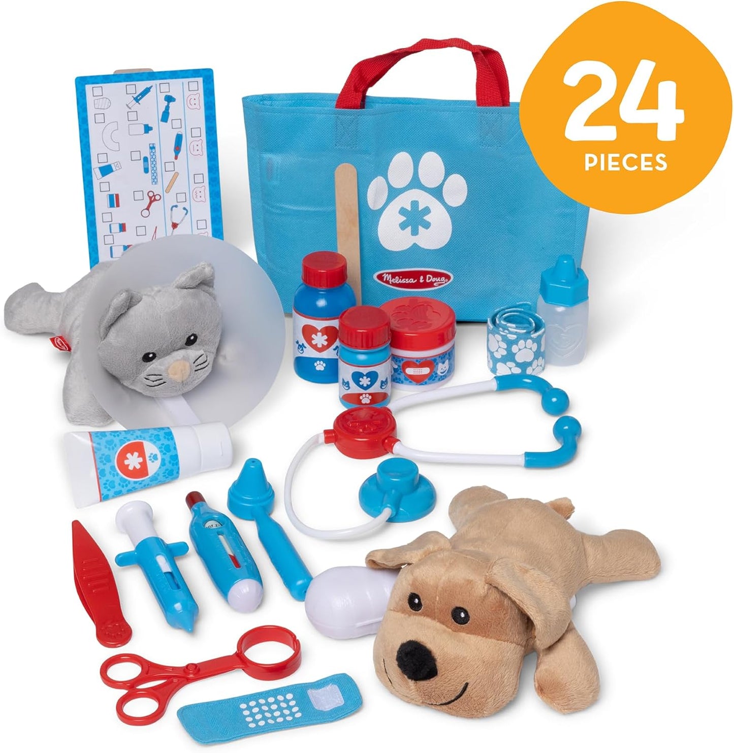 Melissa & Doug Examine and Treat Pet Vet Play Set, 24-Piece Animal Doctor Playset with Dog & Cat Plushies, Pet Doctor Kit & Accessories, Preschool Toys for Girls & Boys Ages 3+