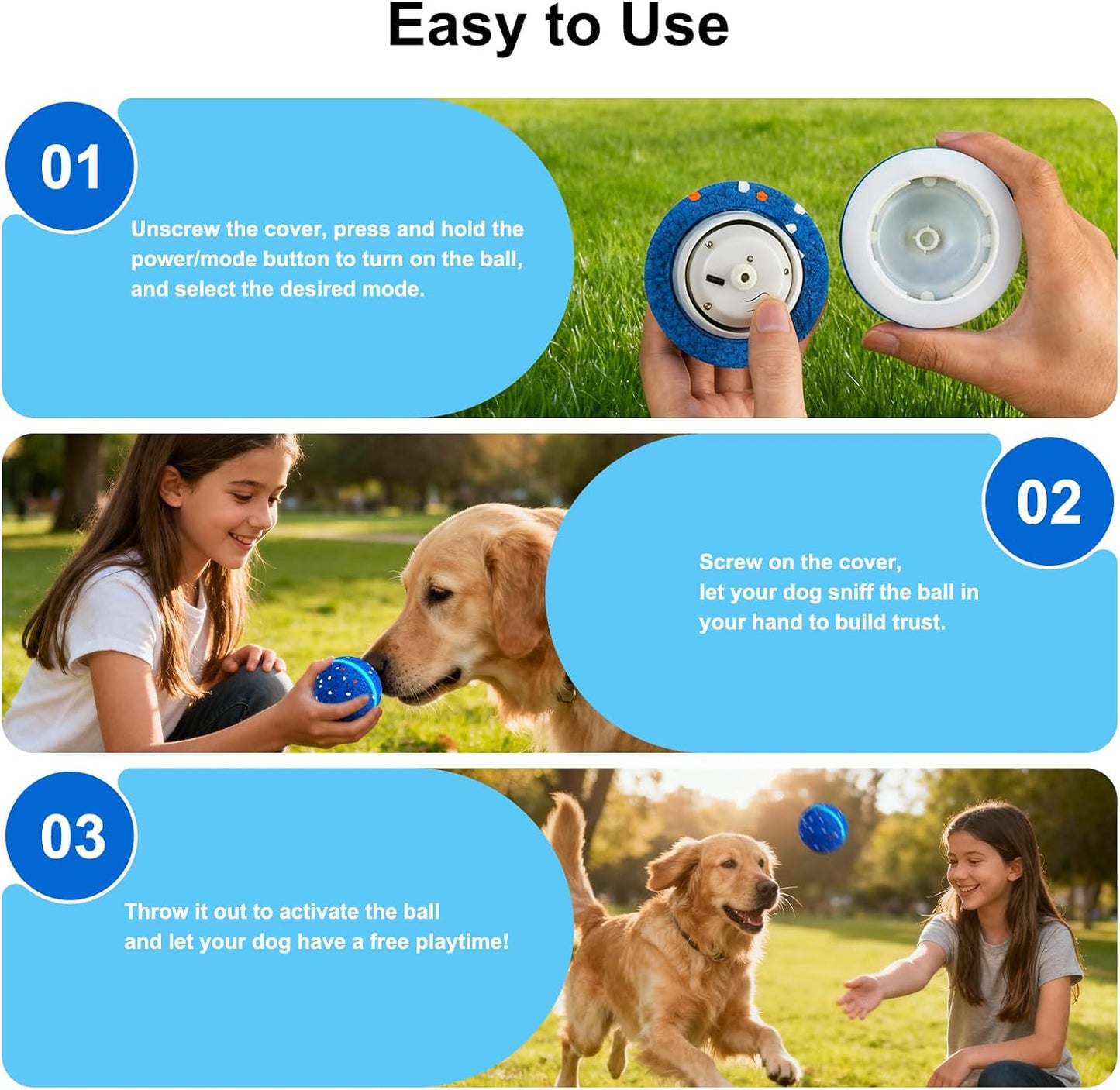 Interactive Dog Toys Dog Ball, Durable E-TPU Material,3 Play Modes with Colorful Lights, Automatic Moving, Bouncing and Rotating for Medium and Large