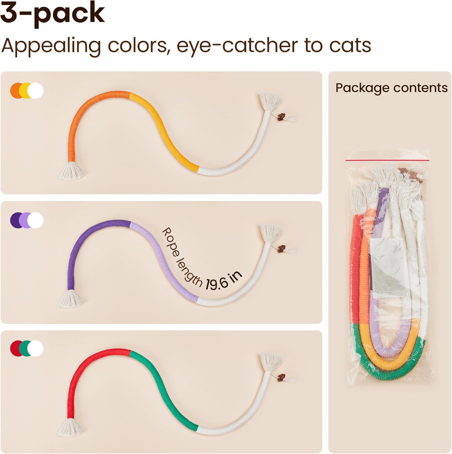 Potaroma Cat Toys Chew Ropes 3Pcs with Refillable Natural Catnip, Safe Teeth Cleaning Toy for Indoor Kittens, Interactive Cat Nip Kitty Toys for All