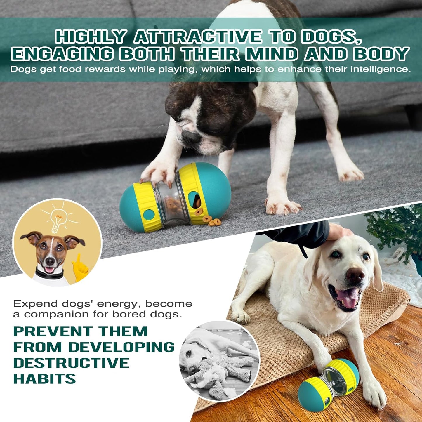 Dog Puzzle Toy Adjustable Treat Dispensing Ball Food Dispenser Tough Slow Feeder Puppy Enrichment Training Toy Pet Interactive Chase Toys for Small