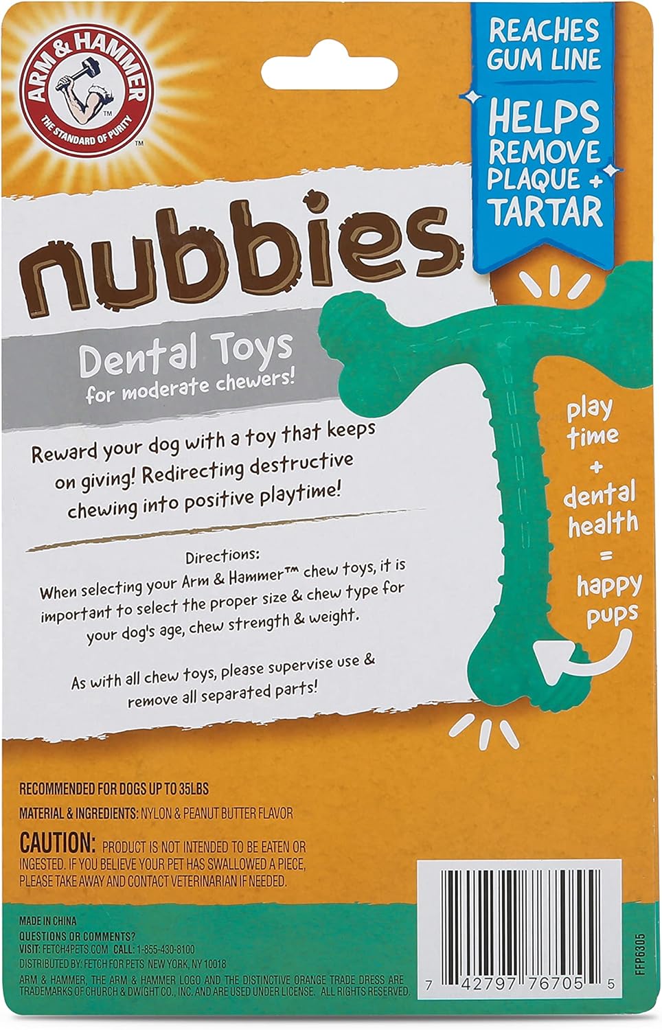 Arm & Hammer Nubbies T-Bone Dental Dog Chew Toys, Peanut Butter Flavor - Durable Nylon Chewing Toys for Dogs, Done Bone Toy, Teeth Cleaning Bones for