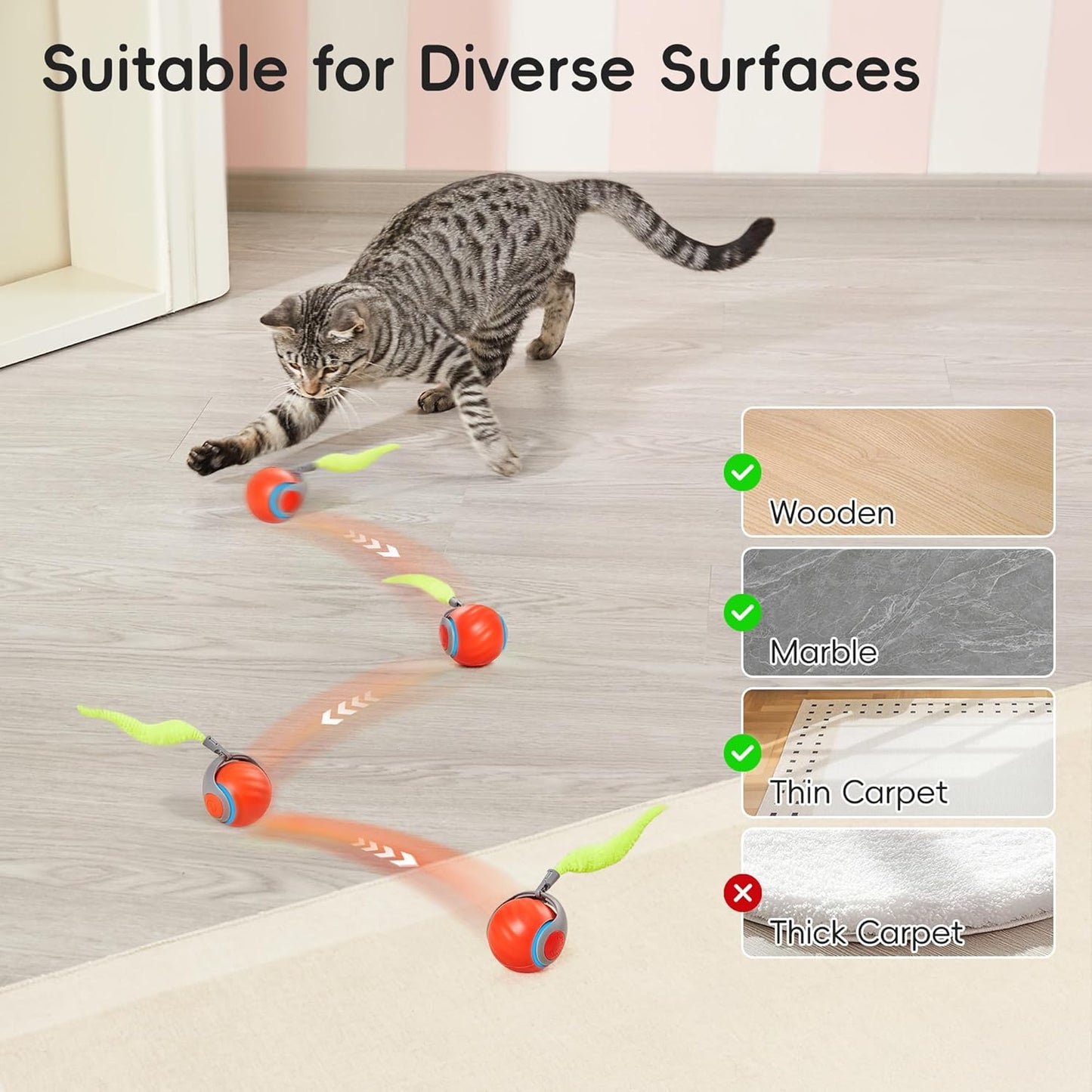 Potaroma Moving Ball Cat Toys with Feather Tail, Rechargeable 2025 New Interactive Toy for Indoor Cats Exercise, Smart Interactive Kitten Rolling