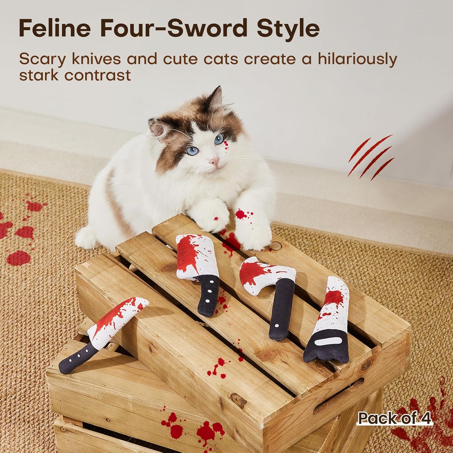 Potaroma 4Pcs Cat Toys, Horror Halloween Knife-Shaped Kitten Catnip Crinkly Sound Toys, Indoor Exercise for All Cat Breeds 6.5 Inches