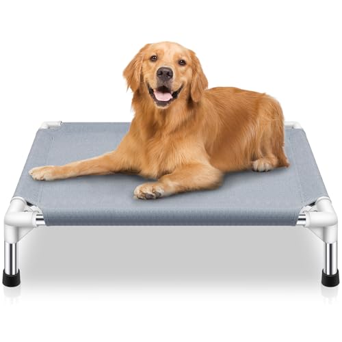 Elevated Cooling Dog Bed, Raised Outdoor Dog Bed for Medium Dogs, Portable Pet Cots with No-Slip Rubber Feet, Double Layer Polyester Cotton