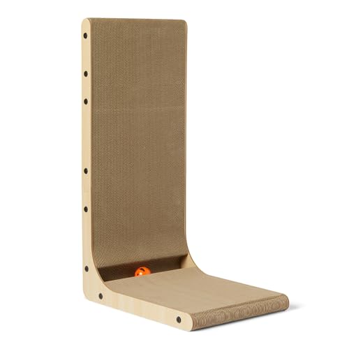 Basics Cat Scratch Post L-Shaped Cat Scratching Post Cat Scratch Pad with Interactive Ball Toy & Catnip, Cardboard Cat Wall Climber for Indoor Cats & Kittens, 16.5 x 11.4 x 26.8 in