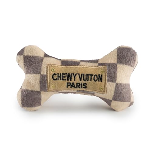 Haute Diggity Dog Chewy Vuiton Bone Plush Dog Toy, Tan Checker, Small | Designer Parody Toy, Hidden Squeaker, Soft Plush Stuffed Dog Toys, Small Dog