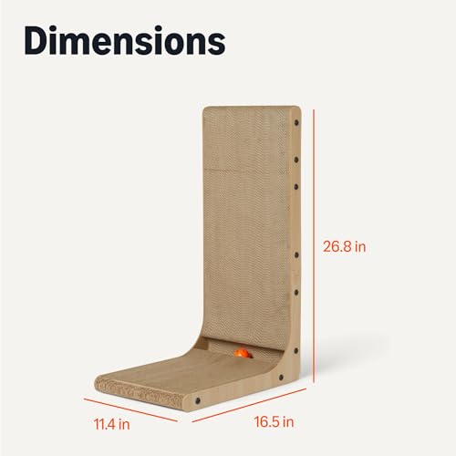 Basics Cat Scratch Post L-Shaped Cat Scratching Post Cat Scratch Pad with Interactive Ball Toy & Catnip, Cardboard Cat Wall Climber for Indoor Cats & Kittens, 16.5 x 11.4 x 26.8 in