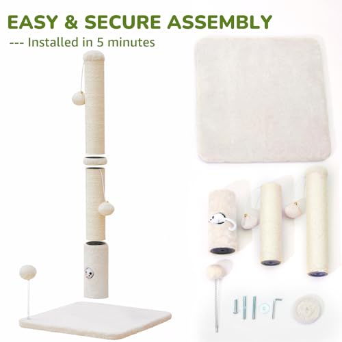 Cat Scratching Posts 33" for Adults Cats, Cat Scratcher with Soft Fabric Covering Base and Durable Sisal Rope, Scratcher with Fun Mouse Hole and Cat Toy for Tall Cats (White)