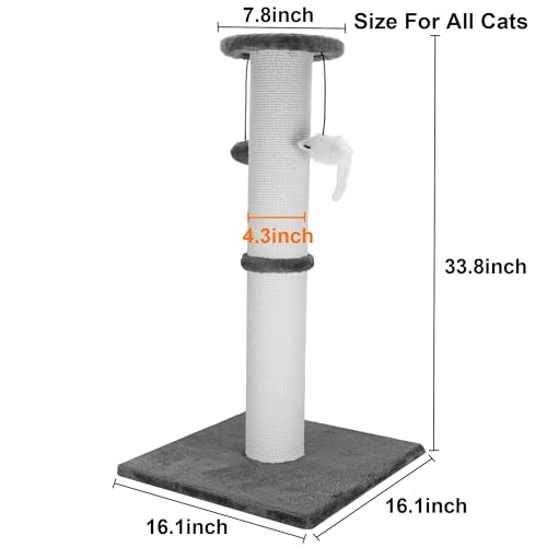 Cat Scratching Post 34 Inches Heavy Duty and Thicker Cat Scratching Post Cotton Rope with Hanging Ball and Mice Scratching Post for Indoor Cats and Adult(Grey)