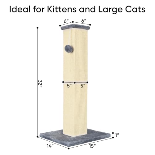 32" Tall Cat Scratching Post for Large Indoor Cats & Kittens, Cat Scratcher with Extra Large Stable Base and Natural Sisal, Sturdy Cat Scratch Post to Protect Furniture & Couch, Grey