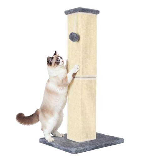 32" Tall Cat Scratching Post for Large Indoor Cats & Kittens, Cat Scratcher with Extra Large Stable Base and Natural Sisal, Sturdy Cat Scratch Post to Protect Furniture & Couch, Grey