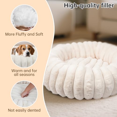 Donut Dog and Cat Bed, Luxurious Comfortable Faux Rabbit Fur Pet Beds, Soft Anti-Anxiety Calming Puppy Kitten Bed with Anti-Slip Bottom for Small Dogs & Cats(20", White)