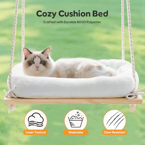 Cat Window Perch, Rustic Cat Hammock Bed with Solid Wood Seat 4 Heavy Duty Suction Cups, Plush Cushion, Indoor Pet Window Hammock for Cats for Large Cats