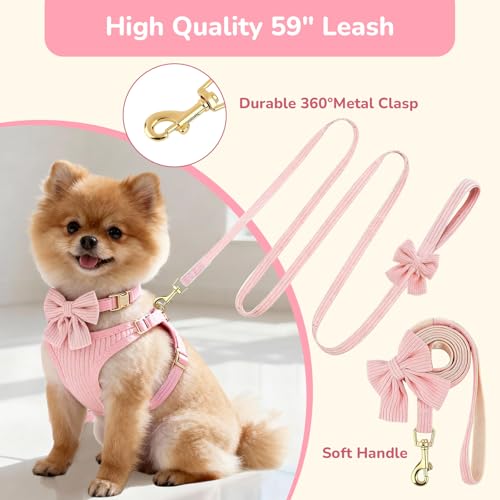 Small Dog Collar Harness and Leash Set, Dog Harness no Pull with Bowtie, Breathable Cotton Adjustable Pet Puppy Harness, Easy Walk Dog Harness