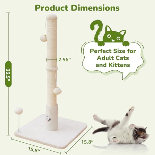 Cat Scratching Posts 33" for Adults Cats, Cat Scratcher with Soft Fabric Covering Base and Durable Sisal Rope, Scratcher with Fun Mouse Hole and Cat Toy for Tall Cats (White)