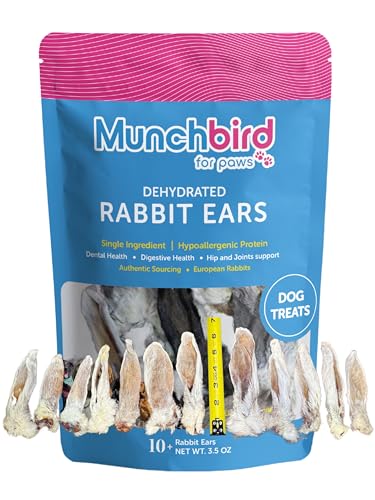 Munchbird Dehydrated Rabbit Ears 100g (3.5 oz) 12-15 pcs for Dogs, European Furry Rabbit Ear Natural Fiber for Pets, Rawhide Free Alternative to Pig Ears Dog Treats, Ear Size Varies