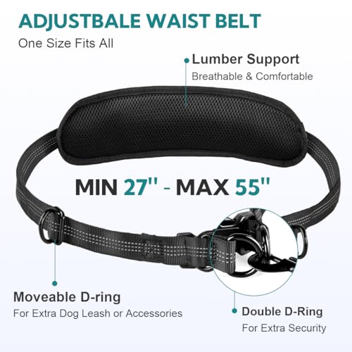 Hands Free Dog Leash, Double Dog Leash with Waist Bag, Back Brace, Double Padded Handles, Running Belt Fanny Pack with Phone, Treat, (Large, 26-120