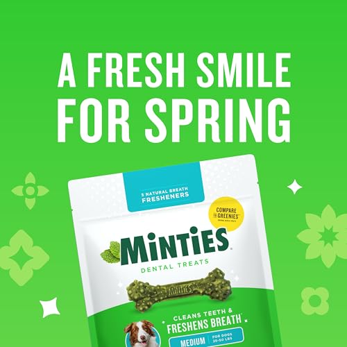 Minties Dental Chews for Dogs, 60 Count, Vet-Recommended Mint-Flavored Dental Dog Treats for Medium Dogs, Bones Clean Teeth, Fight Bad Breath, and Removes Plaque and Tartar
