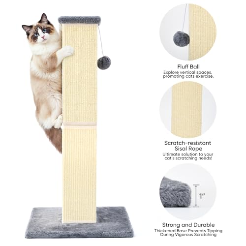 32" Tall Cat Scratching Post for Large Indoor Cats & Kittens, Cat Scratcher with Extra Large Stable Base and Natural Sisal, Sturdy Cat Scratch Post to Protect Furniture & Couch, Grey